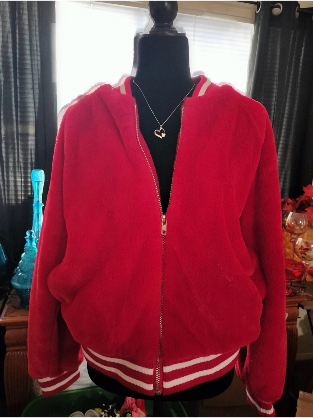Forever 21 Red Plush Hooded Bomber Jacket with Stripe Trim